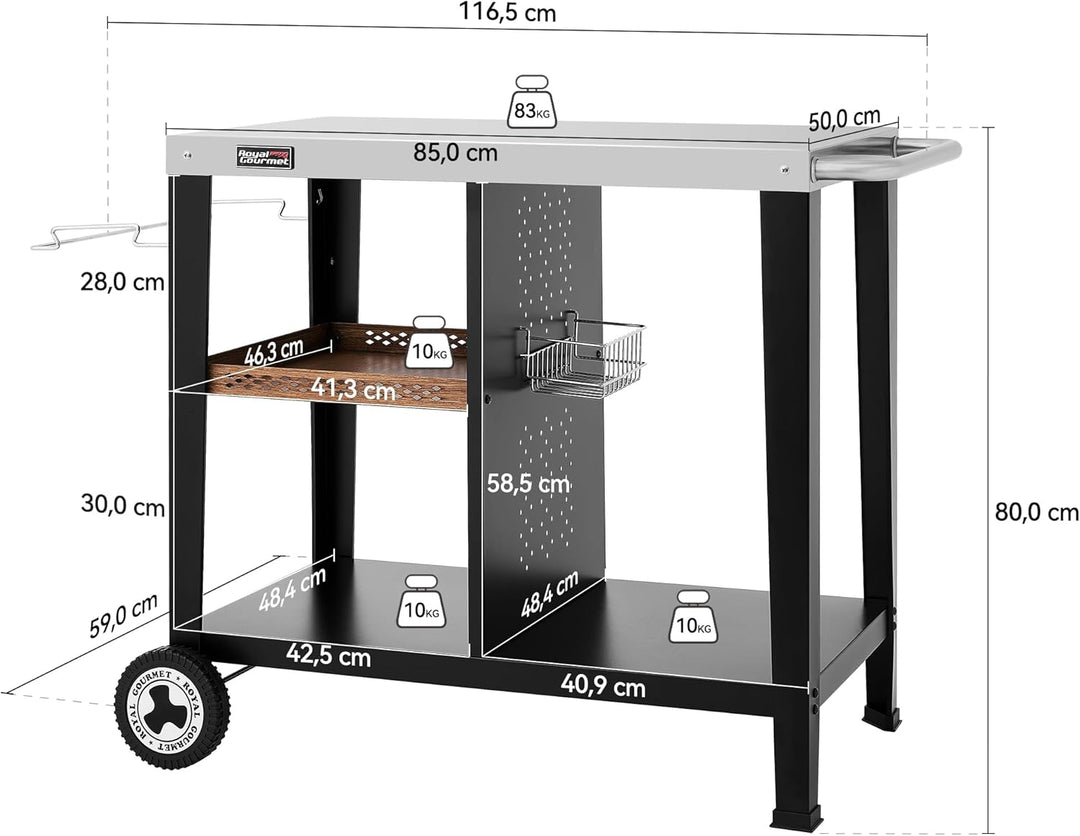 Royal Gourmet Grilltisch mit 85x50 cm Edelstahlplatte 3-Etage Grillwagen für Tischgrill und Pizzaöfe