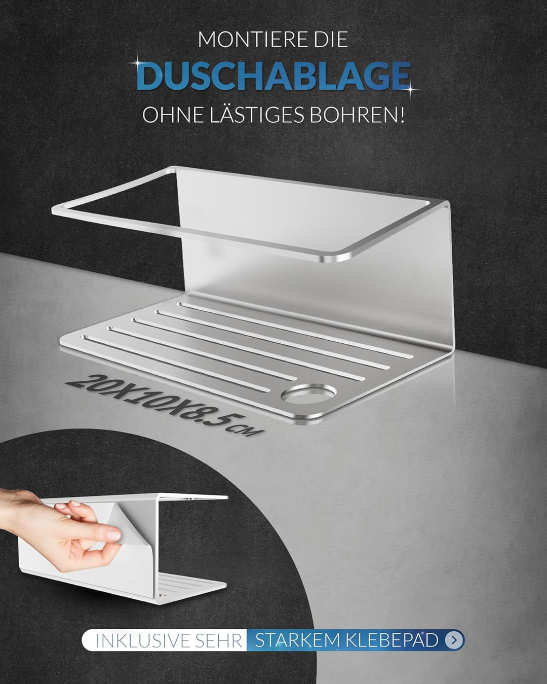 Duschablage ohne Bohren zum Hängen - Edelstahl Duschregal, Duschkorb - Einfache Montage mit Klebepad