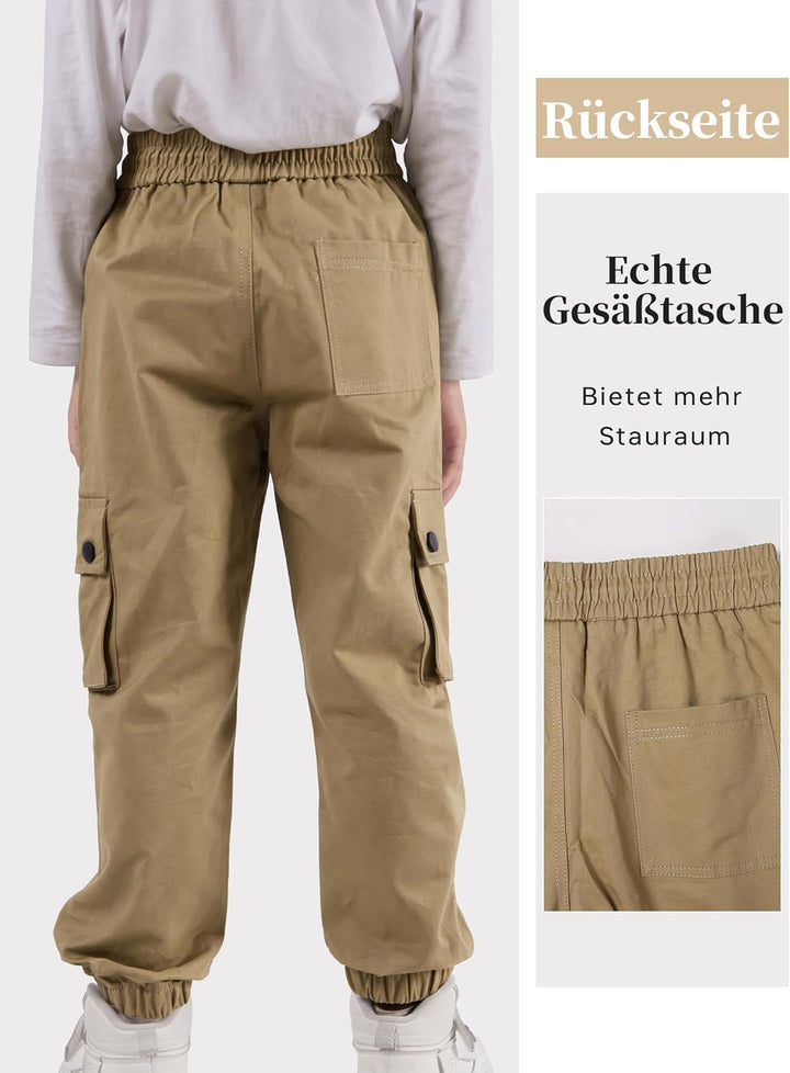 Kinder Cargo Hose mit elastischem Bund Funktionshose Jungen Jogginghose Outdoor 140 Khaki, 140 Khaki