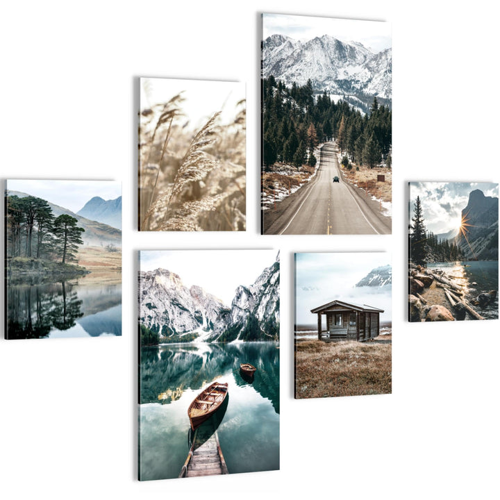 Novart Wandbilder Set See Berge Landschaft Natur - KEIN EXTRA RAHMEN BENÖTIGT - Modern Deko - Wohnzi