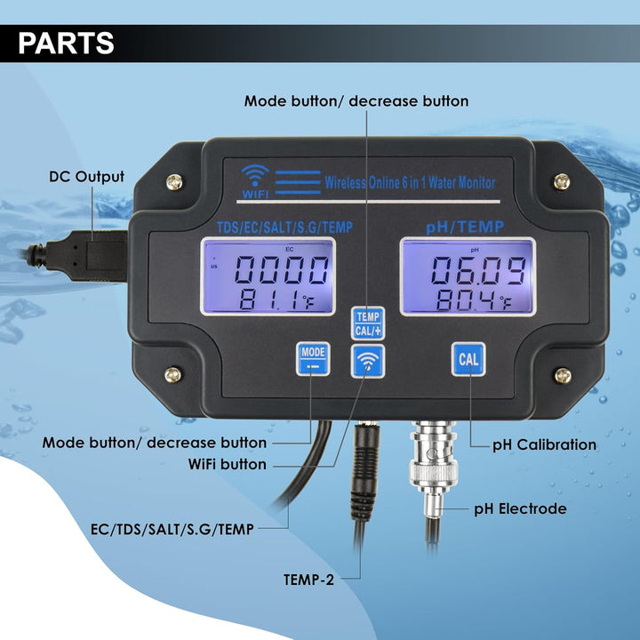 6-in-1 Smart Water Quality Tester – WiFi/App Monitor für pH, EC, TDS, Temp, SG & Salz Echtzeit-Alarm