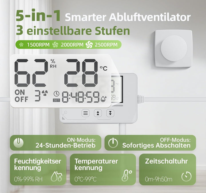Badlüfter mit Feuchtigkeitssensor Temperatursensor Timer - 3 Stufen Bad Lüfter 100mm mit Fernbedienu