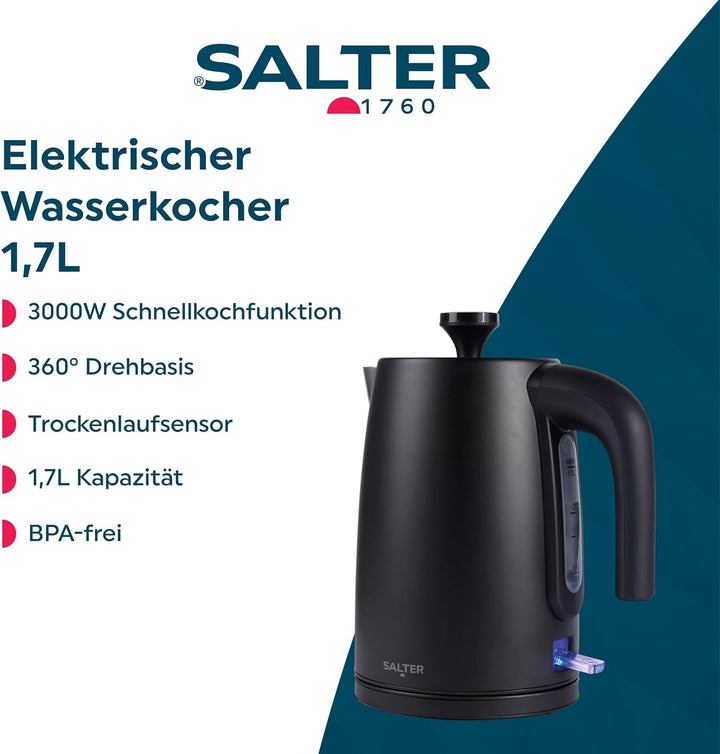 Salter Kuro Elektrischer Wasserkocher, 1,7L, 3000W Schnellkochfunktion, BPA-frei, Kalkschutz, Automa