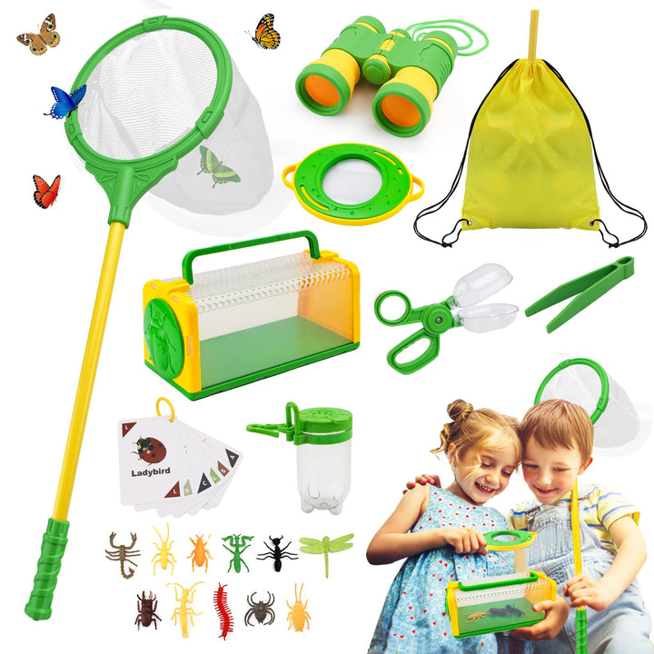 Forscherset für Kinder, Becherlupen für Kinder, Entdecker Set, Kinderfernglas, Schmetterlingsnetz, O