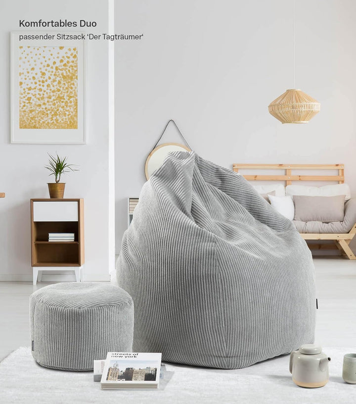 mokebo® Pouf, Hocker o. Sitzhocker aus Cord 40x60 cm 'Der Faule Lenz', Bodenkissen rund in Beige, Fu