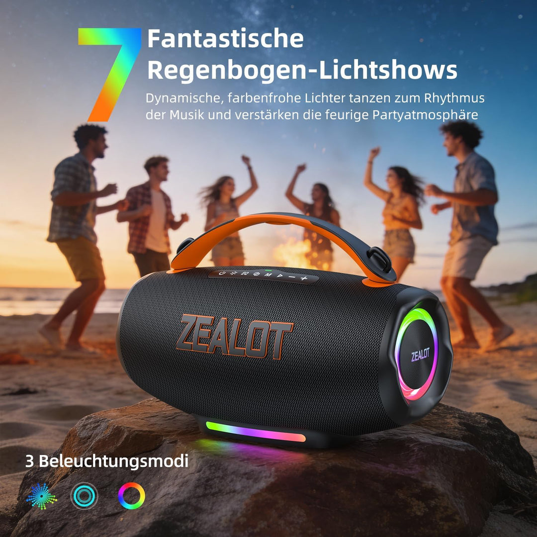 ZEALOT 100W Tragbarer Bluetooth Lautsprecher mit Licht,24 Stunden Wiedergabezeit,Bluetooth 5.3, IP56