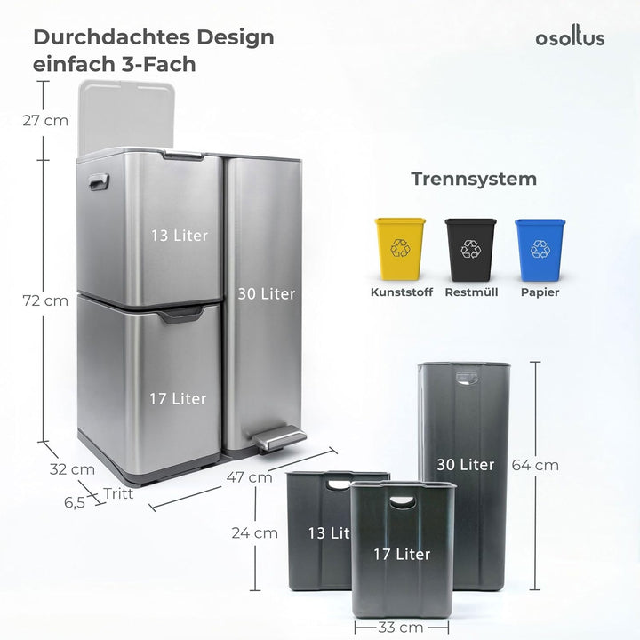 Mülleimer Abfallsammler Softclose Edelstahl hoch 60 L (30 + 17 + 13 L) 60 L (30 + 17 + 13 L) Edelsta