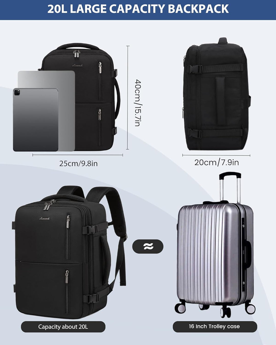 LOVEVOOK Ryanair Handgepäck Rucksack 40x20x25, Reiserucksack Flugzeug Damen Herren, Carry On Luggage