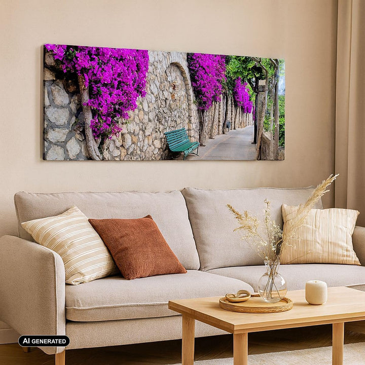 Wandbilder Dekoration Wohnzimmer Pflanzen Bank Strasse Sommer Panorama Bilder auf Leinwand 120x50cm