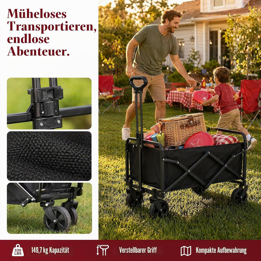 Bollerwagen Faltbar 100L 150KG Tragkraft, 360°-Schwenkbare All-Terrain-Räder &amp; Verstellbarer Griff,