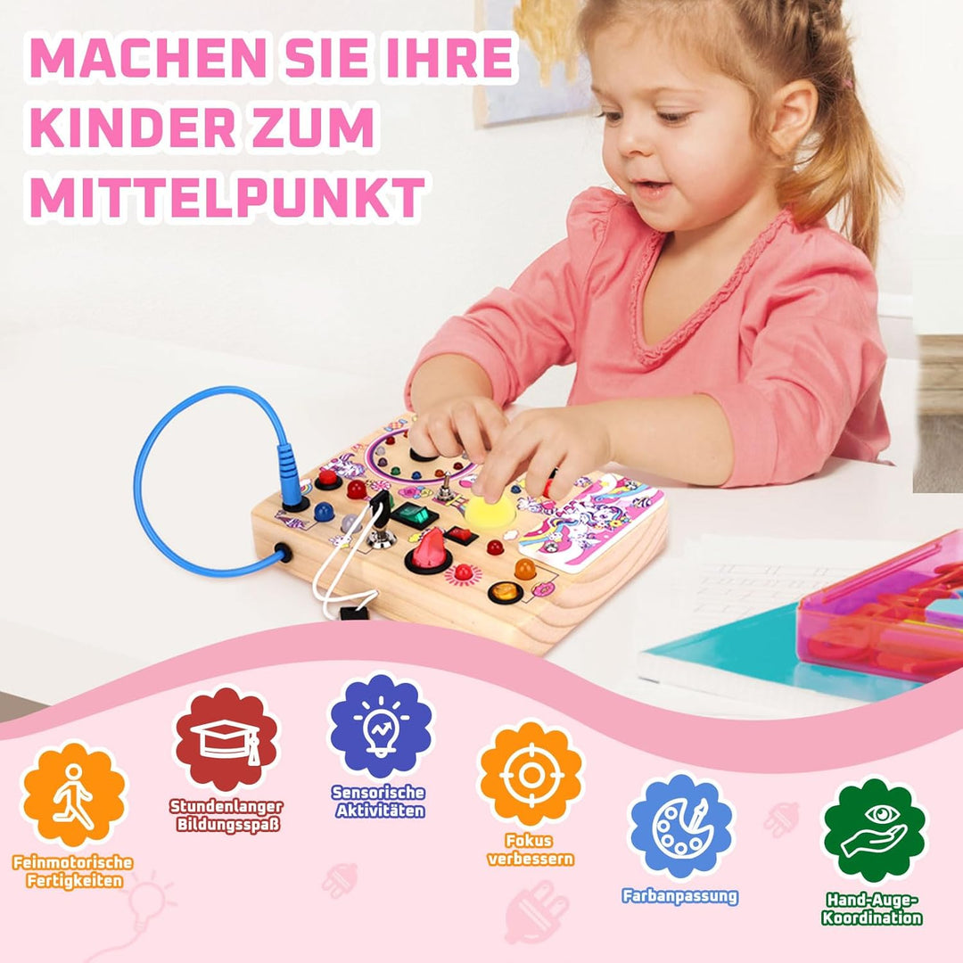 Unicorn Busy Board Montessori Spielzeug ab 1 Jahr Activity Board Holzspielzeug Mit 10 Schaltern und
