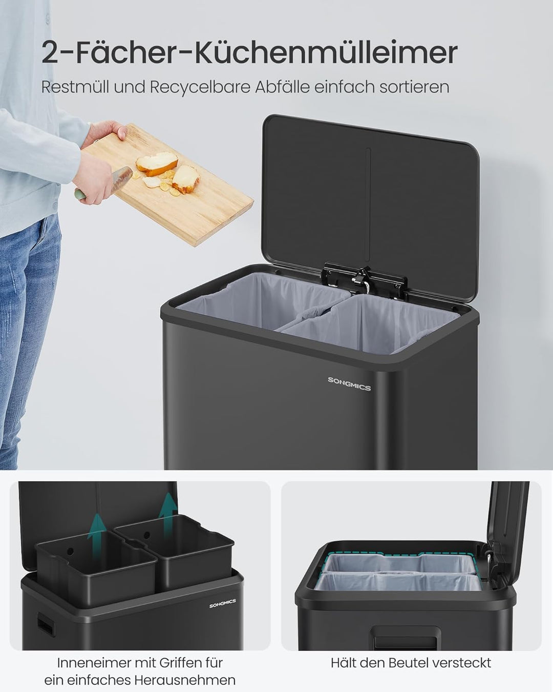 SONGMICS Mülleimer Küche, Mülltrennsystem 2 x 30 L, 2 Fächer für Recycling und Restmüll, Abfalleimer