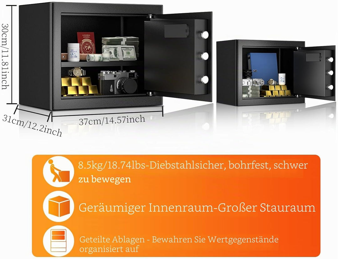 WASJOYE 28.8L Tresor für Zuhause, Safe Tresor mit Schlüssel Elektronischem Möbeltresor mit Zahlensch