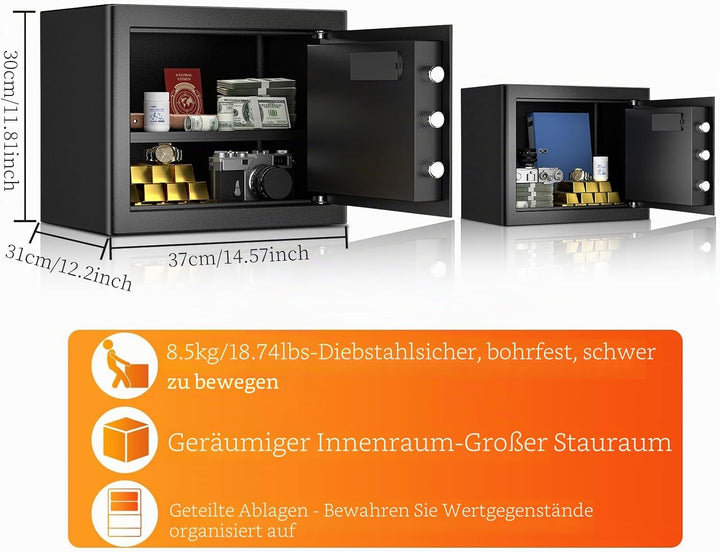 WASJOYE 28.8L Tresor für Zuhause, Safe Tresor mit Schlüssel Elektronischem Möbeltresor mit Zahlensch