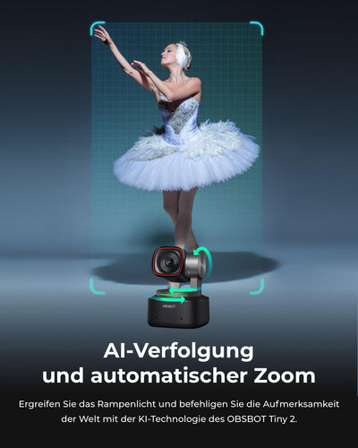 OBSBOT Tiny 2 - PTZ 4K Webcam mit KI-Tracking, Sprachsteuerung, Gestensteuerung, Autofokus, USB3.0,