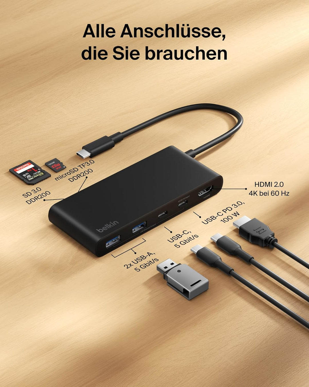 Belkin USB C Hub, 7-in-1 Docking Station, 4K bei 60 Hz, SD, MicroSD, 100 W Power Delivery, 5 Gbit/s