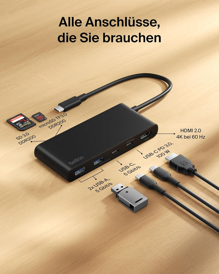 Belkin USB C Hub, 7-in-1 Docking Station, 4K bei 60 Hz, SD, MicroSD, 100 W Power Delivery, 5 Gbit/s