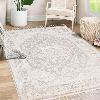 payé Teppich Wohnzimmer - Ornamente Bordüre - 80x150cm Creme - Fransen Deko Boho Flauschig - Cut & L