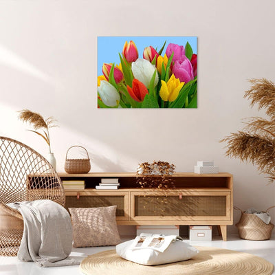 Bilder auf Leinwand Tulpen Blumenstrauss Blumen Tau Leinwandbild 70x50cm Wandbilder Dekoration Wohnz