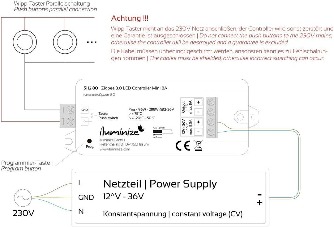 iluminize Zigbee 3.0 LED-Controller 1x 8A, 12V-36V, für weisse LEDs, Lightlink & Touchlink (1x 8A we