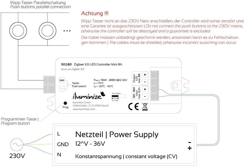 iluminize Zigbee 3.0 LED-Controller 1x 8A, 12V-36V, für weisse LEDs, Lightlink & Touchlink (1x 8A we