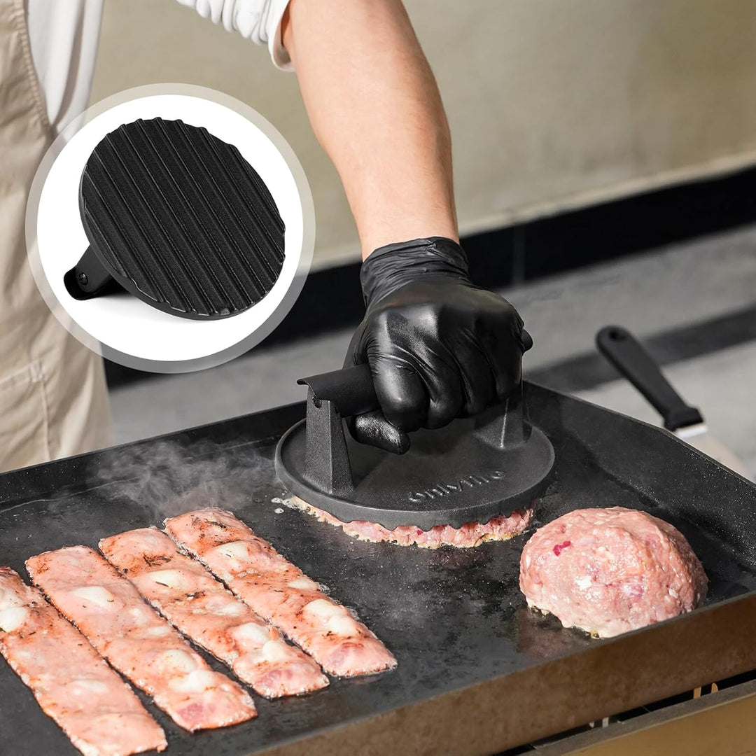 onlyfire Smash Burger Set inkl. Grillspachtel aus Edelstahl, Plancha Spachtel, Gusseisen Burgerpress