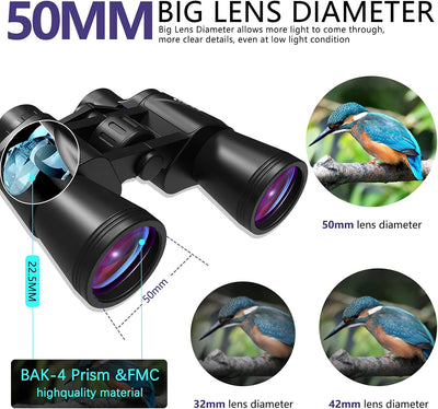 Fernglas 20x50, HD Fernglas Erwachsene mit Nachtsicht bei Schwachem Licht, Kompakt Fernglas BAK4 Pri