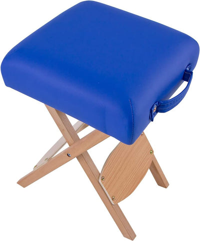 QUIRUMED Klapphocker aus Holz mit Sitz, blau gepolstert, vielseitig einsetzbar, Beistelltisch, Fusss