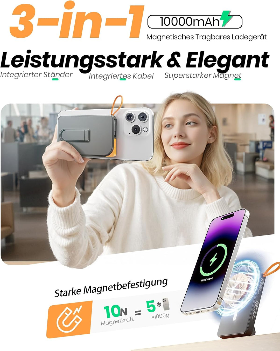 Power Bank für MagSafe iPhone 10000mAh, 3 in 1 Magnetische Schnellladen PowerBank for i-Phone Air 17