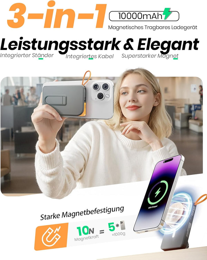 Power Bank für MagSafe iPhone 10000mAh, 3 in 1 Magnetische Schnellladen PowerBank for i-Phone Air 17