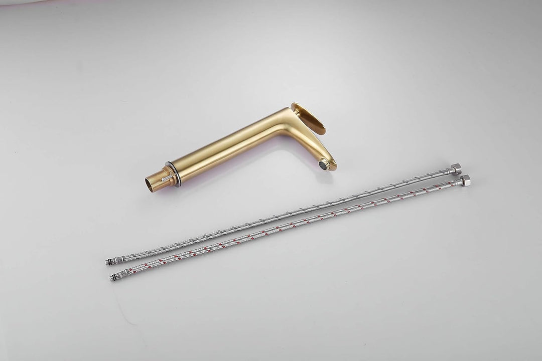 Wasserhahn Bad Gold gebürstet, Badarmatur Einhand-Waschtischbatterie mit Hoch Auslauf, Messing Gold
