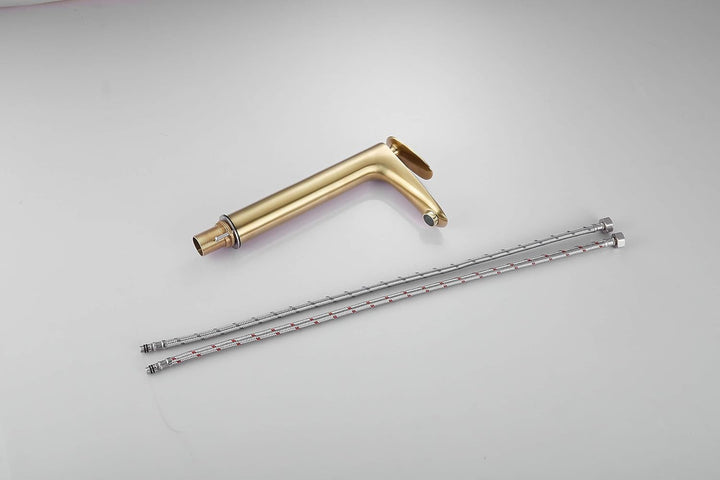 Wasserhahn Bad Gold gebürstet, Badarmatur Einhand-Waschtischbatterie mit Hoch Auslauf, Messing Gold