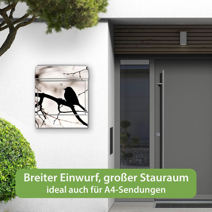 banjado® Design Briefkasten mit Motiv Früher Vogel 39x47x14cm &amp; 2 Schlüssel - Briefkasten Stahl Silb