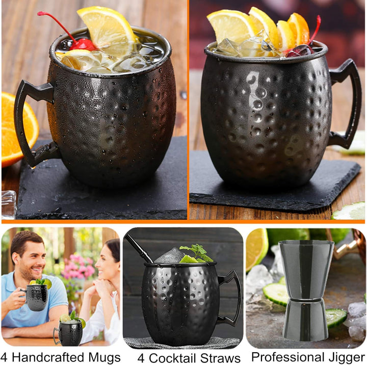 Moscow Mule Becher, Set 4er, Gunmetal schwarz 550ml, Moscow Mule Mug mit 4 Becher, 4 Trinkhalme, 1 M