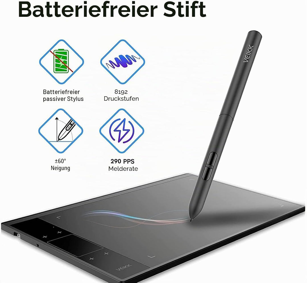 Grafiktablett VEIKK A30 V2 mit 4 Sensortasten und einem Gestenpad, 10x6 Zoll Pen Tablet mit Batterie