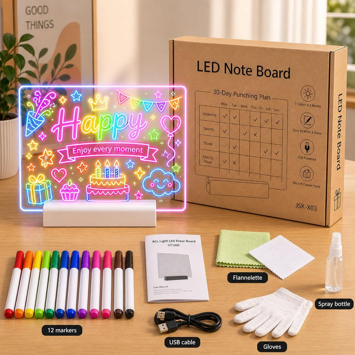 LED Zeichenbrett, Wiederaufladbare LED Notiztafel mit Farben, LED Maltafel Kinder mit 12 Farben Stif