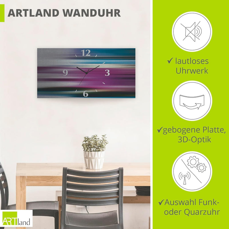 ARTLAND Wanduhr ohne Tickgeräusche Alu Quarzuhr 60x30 cm Eckig Lautlos 3D Design Abstrakt Kunst Bunt