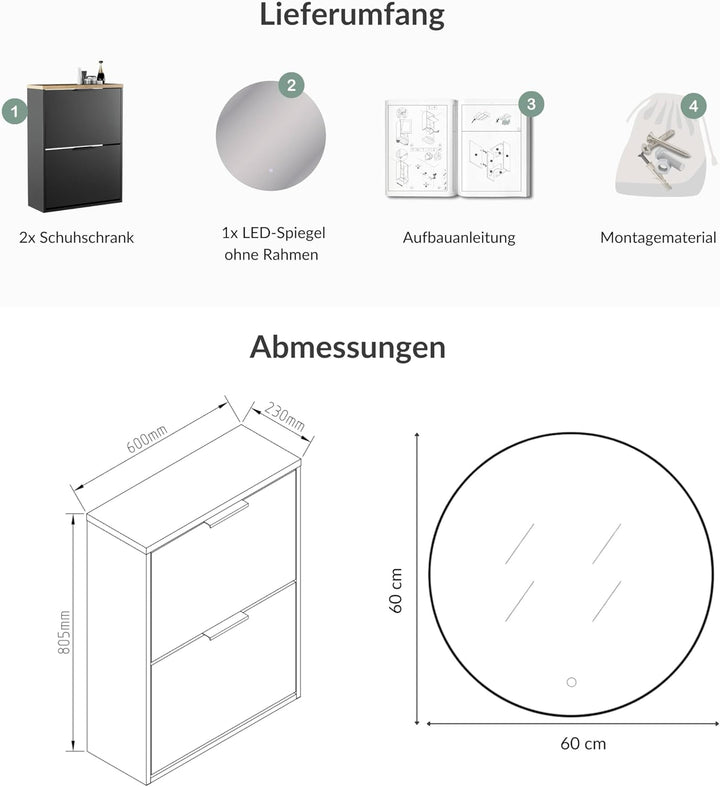 Planetmöbel 2 x Schuhschrank schmal inkl. runder Spiegel mit Beleuchtung 60 cm (2 Lichtstufen) Schuh