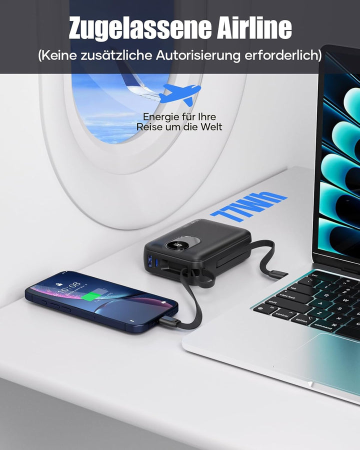 20000mAh Power Bank mit integriertem Kabel: 22.5W Schnell Aufladende Externe Batterie für Handy, USB