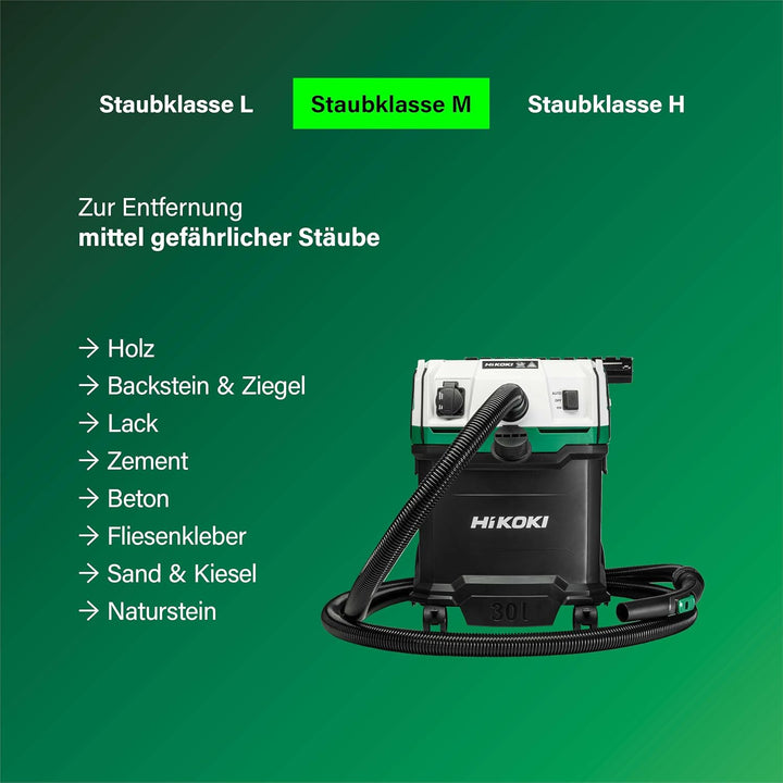 HiKOKI Nass- und Trockensauger - 1200 W, 30 L, M-Klasse, Kompakt und Leicht, Manuelle Filterreinigun