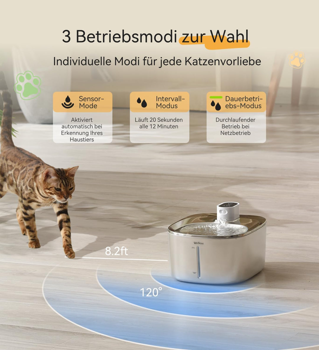WILKIEE Katzenbrunnen Edelstahl,4,1 L Trinkbrunnen für Katze Kabellos, 4000mAh Akku katzenbrunnen mi