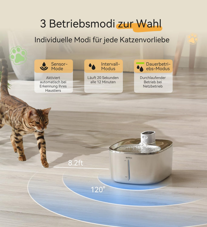 WILKIEE Katzenbrunnen Edelstahl,4,1 L Trinkbrunnen für Katze Kabellos, 4000mAh Akku katzenbrunnen mi