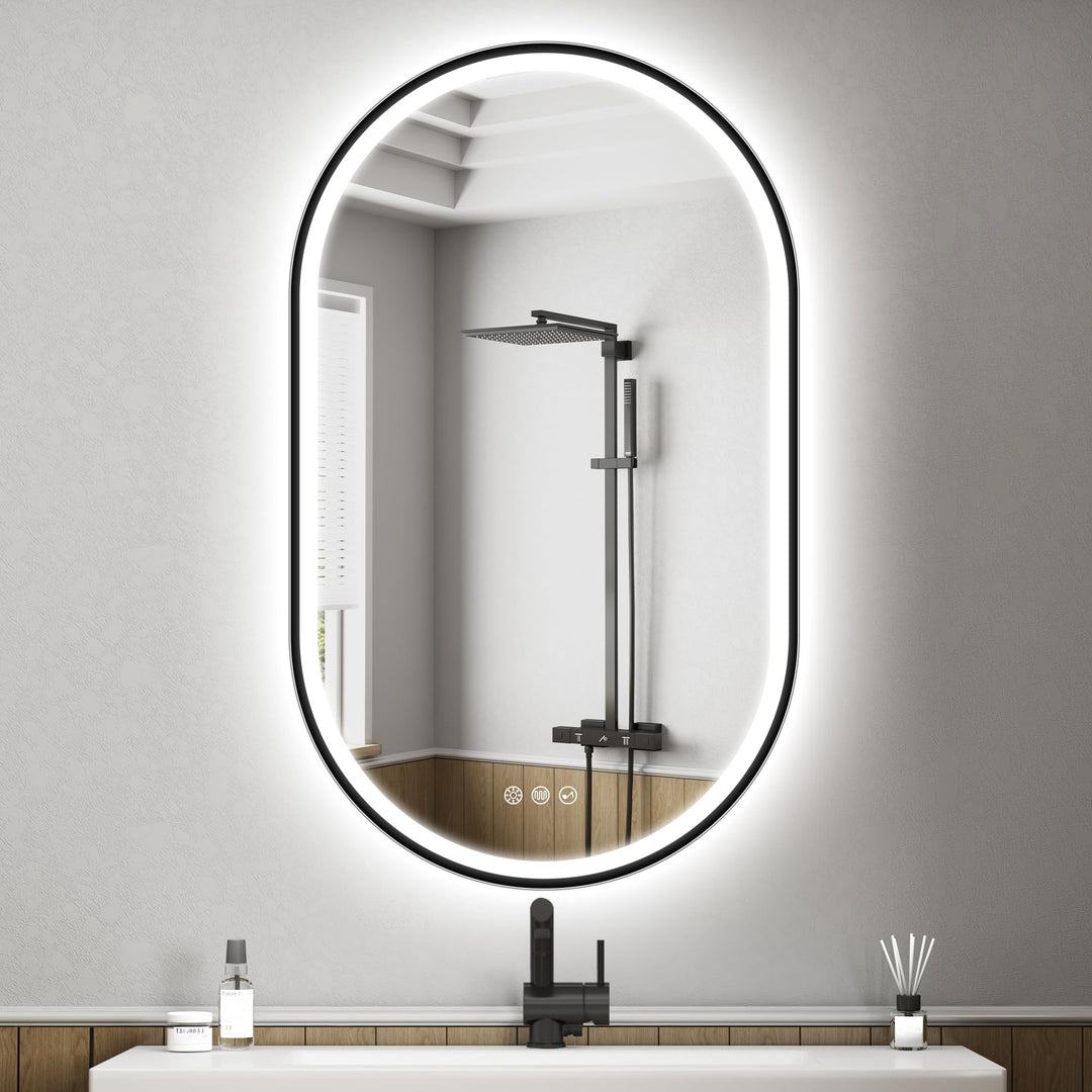 STARLEAD Schwarz Oval-LED-Badspiegel-mit-Beleuchtung 100x60cm, Bluetooth, Dimmbar, 3 Lichtfarben, En