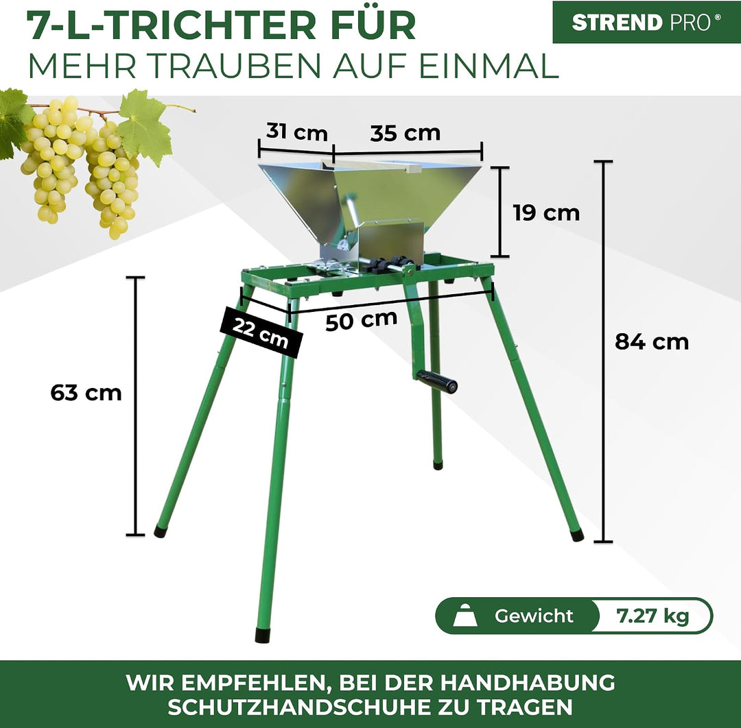 STREND PRO Traubenmühle 7 L Edelstahl mit Metallständer | Maischemühle Beerenmühle mit Handkurbel |