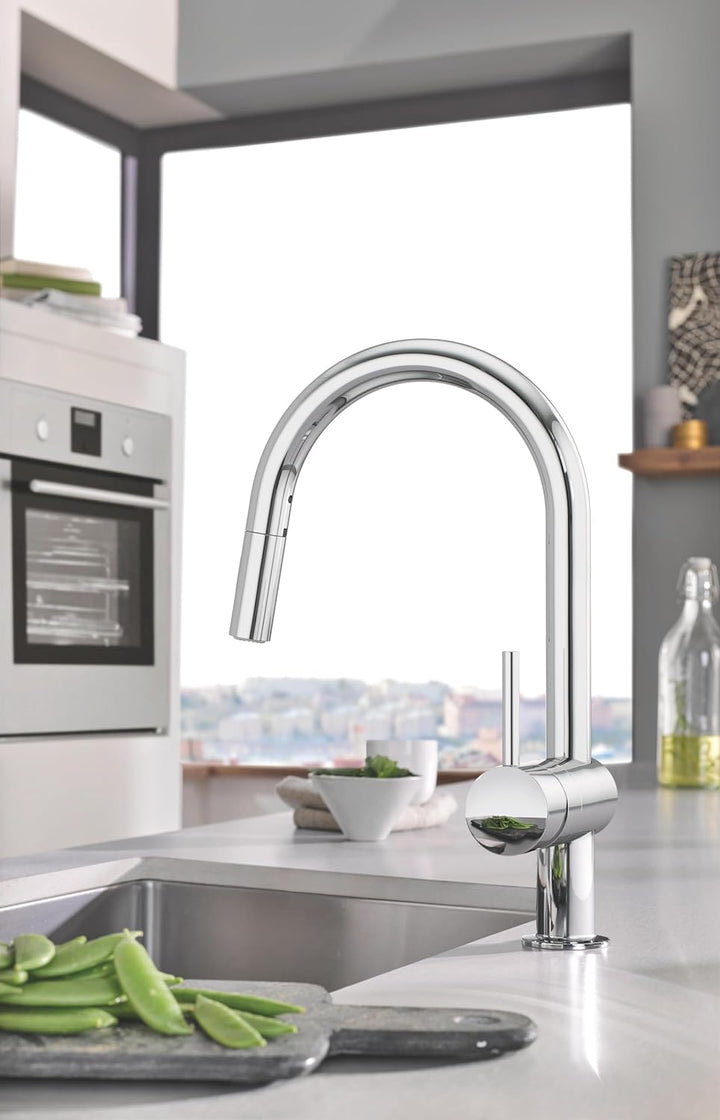 GROHE Minta - Einhand-Spültischarmatur (C-Auslauf, Einlochmontage, herausziehbare Dual Spülbrause, f