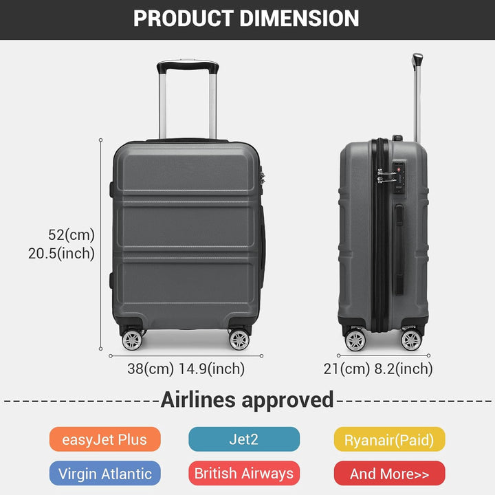 KONO Handgepäck Koffer ABS+PC Hartschalenkoffer, Kabinenkoffer 52x38x21 cm für Lufthansa & Eurowings