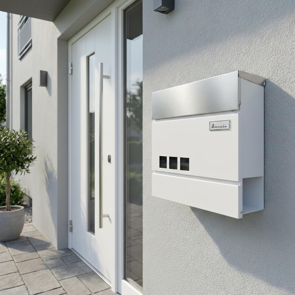 AMAAZU Briefkasten Weiss/Edelstahl [Waagerechte Sichtfenster] Postkasten mit Zeitungsfach Postbox gr