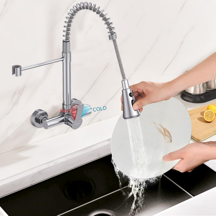 HURRAN Wasserhahn Wandmontage, Küchenarmatur mit 3 Auslaufarten, 360° Schwenkbarer Wasserhahn Küche