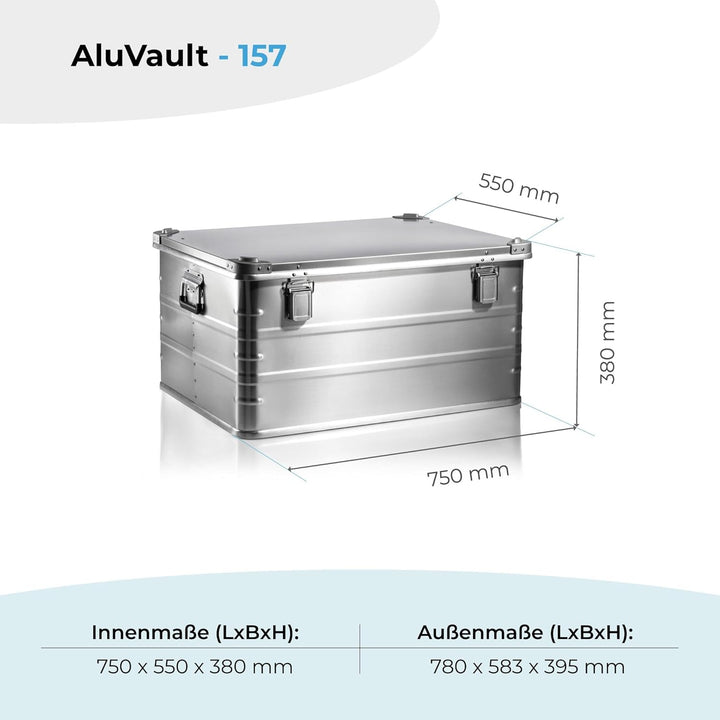AluVault 157L – Alubox mit Deckel, Aluminium Aufbewahrungsbox, Alukiste, Spritzwassergeschützt, Stau