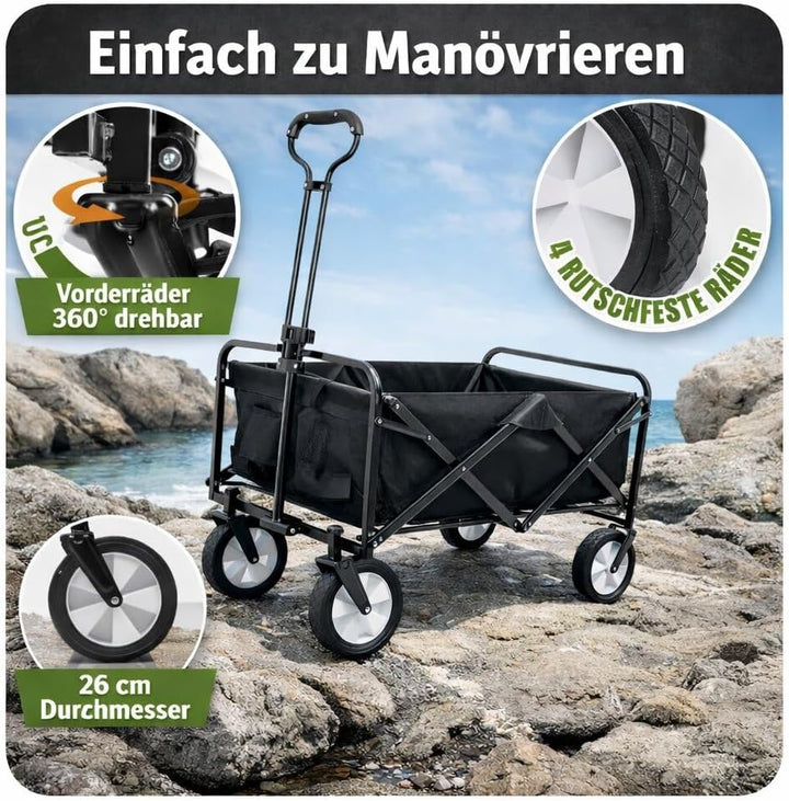 BigDean Bollerwagen faltbar 105L, bis 100 kg belastbar – klappbarer Handwagen mit ausziehbarer Deich